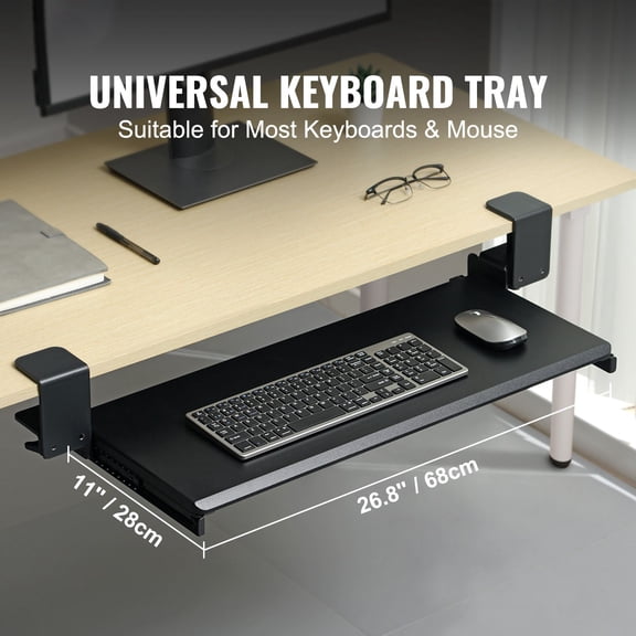 Clamp on Keyboard Tray Under Desk, Desk Keyboard Tray Slide out with Sturdy No-drill C Clamp Mount, Large 26.8 x 11 inch Slide-out Computer Drawer for