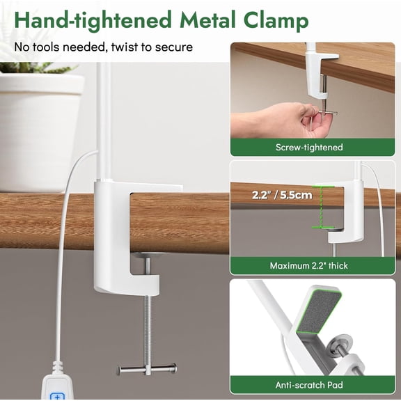 Clamp Lamp for Desk, Eye-Caring LED Clip Light, 27"Tall Flexible Arm, 3 Color Modes 10 Brightness, USB-Powered Task Lamp for Home Office Reading, Nail Desk, Sewing, with 5V/2A adapter (White)