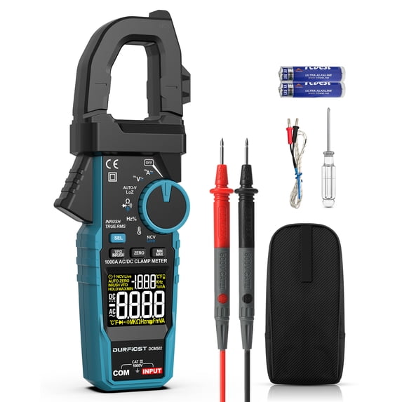 Clamp Meter DURFICST Digital Inrush Clamp Multimeter AC/DC 1000A 6000 Counts Amp Voltage Tester with VFD, LOZ Mode,Measures AC/DC Current Voltage NCV Temperature Resistance Capacitance Frequency