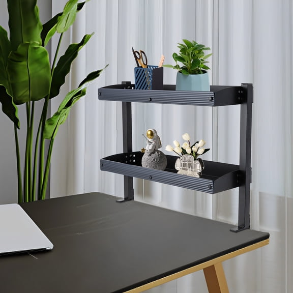 Clamp On Desk Shelf, 2 Tier Under Desk Storage 22 lbs per Shelf, Fits 1.7" Desk Carbon Steel for Office, Gaming, Monitor Riser Black