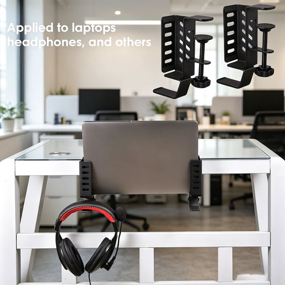 Clamp On Desk Side Vertical Laptop Stand No Drill Holder With Headphone Hanger