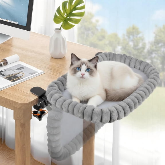 Clamp-On Hammock Rabbit Faux Fur Cat Desk Bed, Grey, Medium