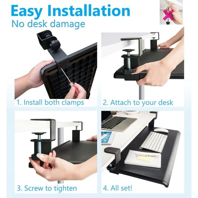 Clamp On Keyboard Tray Under Desk, Pull Out Keyboard Tray, 20Inch, Easy