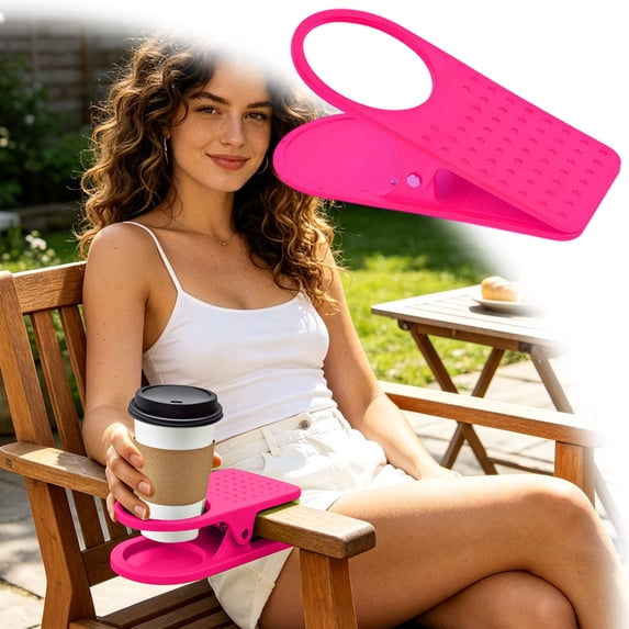 Clamp-On Portable Cup Holder, Sturdy Clip Mount Coffee Station Organizer for Counter Beach Chair Desk Pool Cruise Picnic Universal Beverage Storage Shelves for Mugs Bottles Cans Travel Tumblers(Pink)