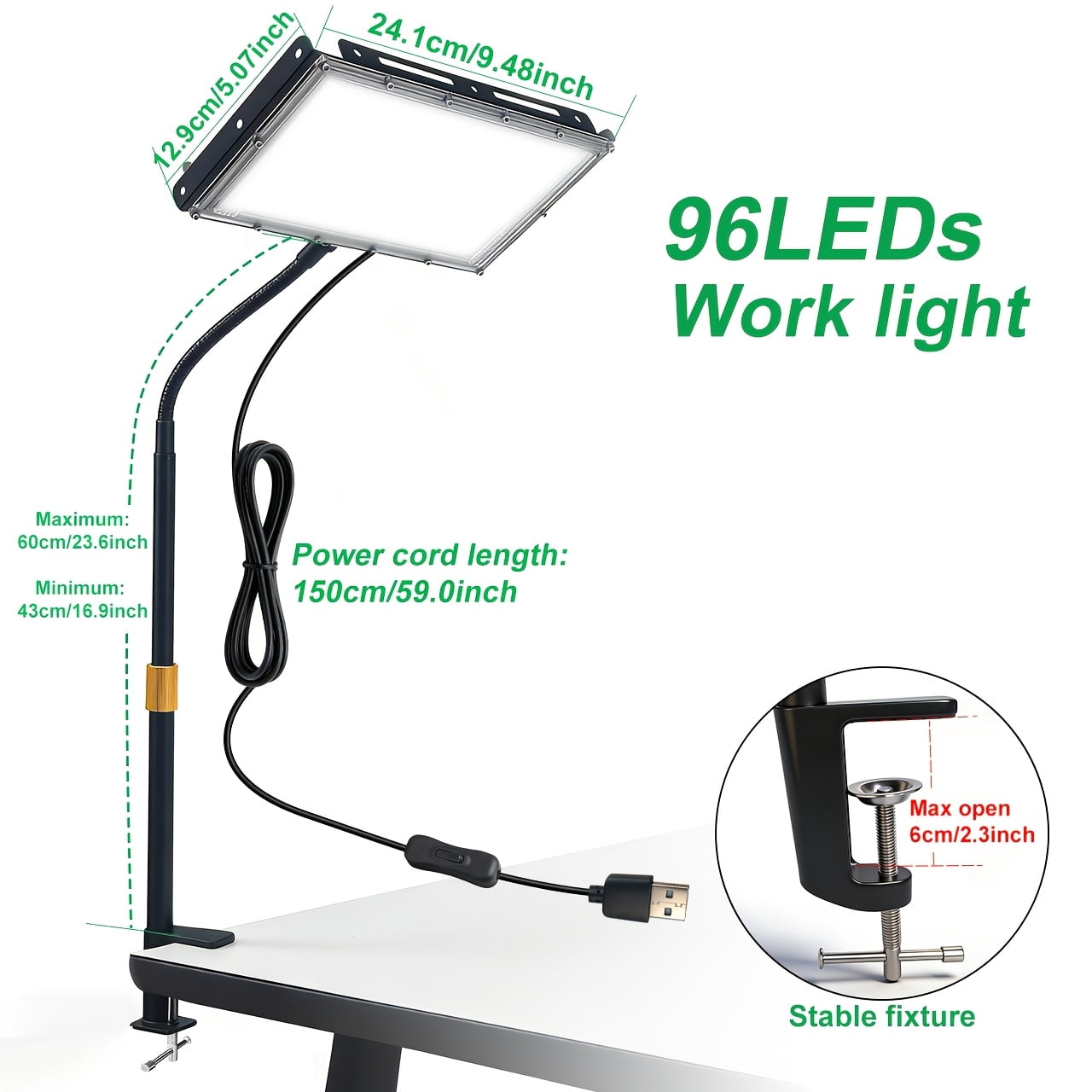 Clamp-Style USB LED Workbench Lamp, 144/96 White Light Beads, 6000K Daylight White, Adjustable Height & Angle, USB Plug with Switch, 59.06inch Power Cord, Plug-and-Play for Office Workshop Lighting