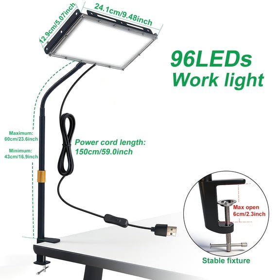 Clamp-Style USB LED Workbench Lamp, 144/96 White Light Beads, 6000K Daylight White, Adjustable Height & Angle, USB Plug with Switch, 59.06inch Power Cord, Plug-and-Play for Office Workshop Lighting