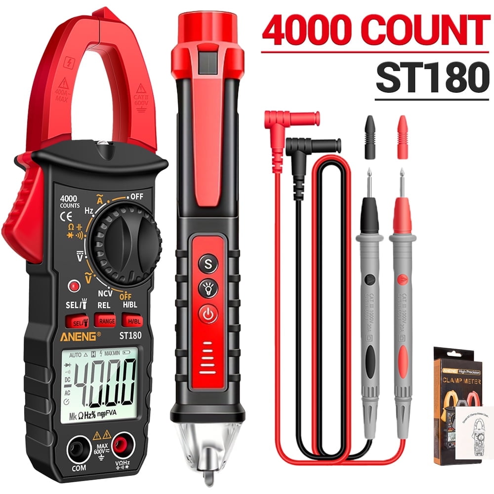 Clamp on multimeter Ammeter set, including measuring pen. ST180 4000 count, with buzzer, measuring current, voltage, capacitance, resistance, NVC detection, diode continuity duty cycle (AC current)
