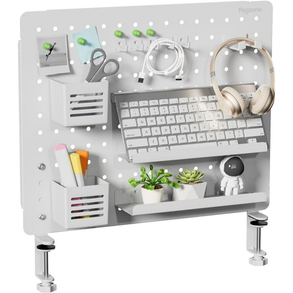 PEGZONE Clamp-on Desk Pegboard, Desk Organizer for Office Gaming Home, Magnetic Metal Peg Board with 15 Accessories, Privacy Panel for Office, 20.4" x 16.5", Large, White