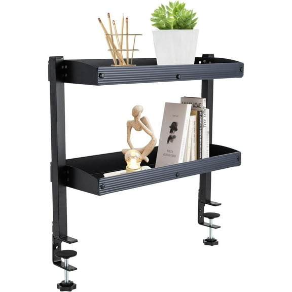 Clamp-on Desk Shelf, Desktop or Under-Desk 2-Tier Shelving Unit with Adjustable Metal Storage Tray, Clip-on Desk Shelf Office Organization (Black)