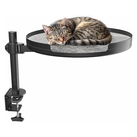 Clamp-on Round Cat Bed for Home Office Desk, Height Adjustable Circular Kitty Perch with Full Rotation, Holds 44 lbs, Black, LF-CCB1