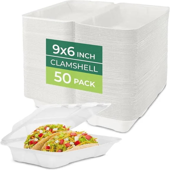 Clamshell Food Containers with Lids, Disposable To Go Containers, Biodegradable Sugarcane To Go Boxes, Microwave Freezer Safe, Stackable