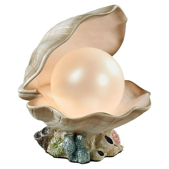 Clamshell Pearl Accent Lamp Night Light - Handcrafted Resin Clam - Coastal Style Lighting - Nautical Theme - Ocean Nightlight Bulb Included with Beach Shell Decoration - 7 Inches High