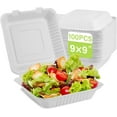 thumbnail image 1 of Clamshell Take Out Food Container 100 Pack, 9 x 9 Compostable To Go Containers, Disposable To Go Food Boxes, Biodegradable Made From White Sugarcane Fibers, 1 of 12