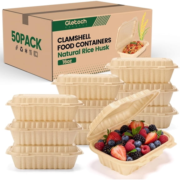 Clamshell Take Out Food Containers,50 Pack-16oz Disposable Meal Prep Containers Durable To Go Containers for Pasta Salad Snacks Taco Chinese Food Restaurants Made of Natural Rice Husk 7"X6"X2"
