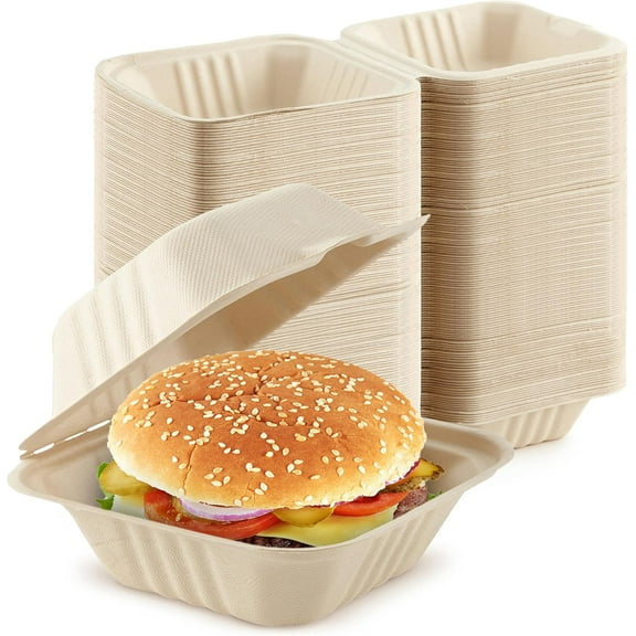 Clamshell Take Out Food Containers 6" x 6 (50 Pack) 1-Compartment, Disposable To Go Container, Togo Boxes With Lids, Trays for Lunch, Dinner, Meal-Prep, Eco Friendly, Compostable, Biodegradable