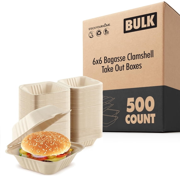 Clamshell Take Out Food Containers 6" x 6” (500 Pack) 1-Compartment, Disposable To Go Container, Togo Boxes With Lids, Trays for Lunch, Dinner, Meal-Prep, Eco Friendly, Commercially Compostable
