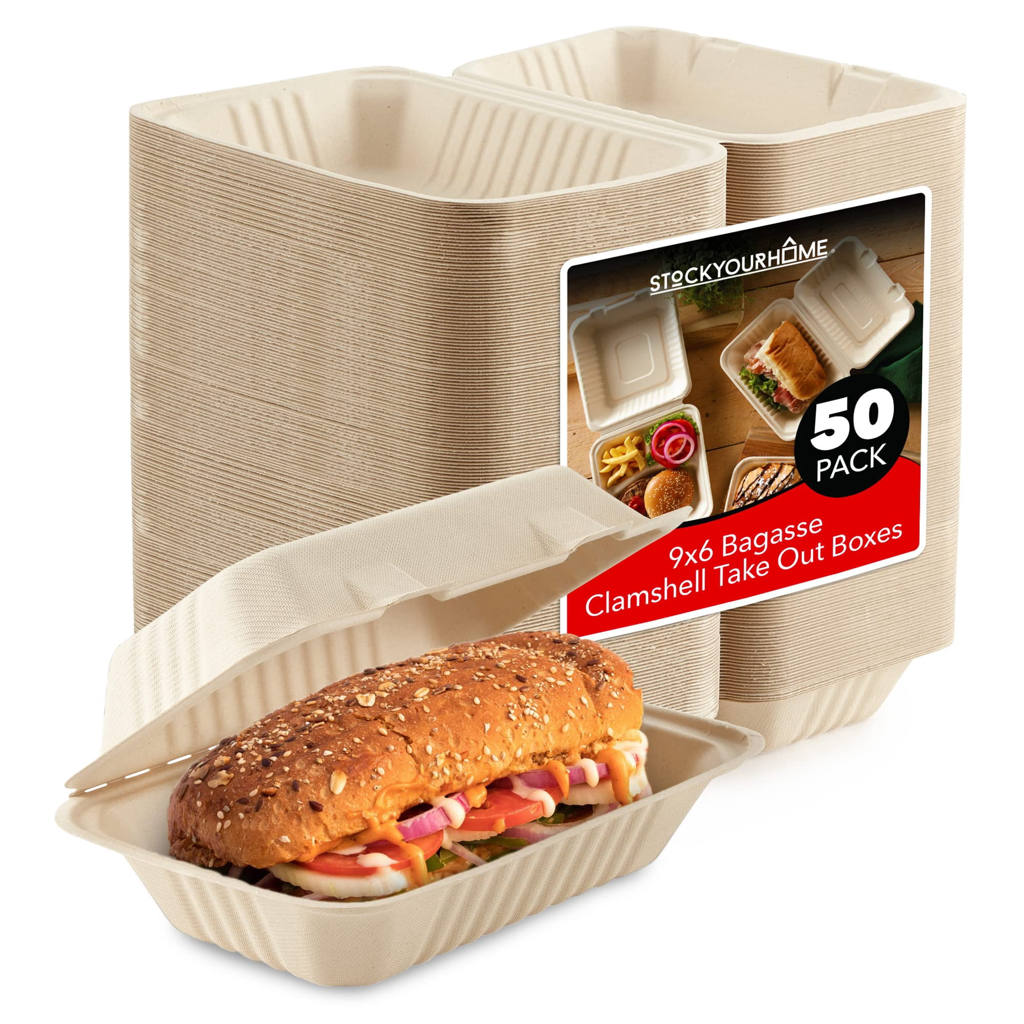 Clamshell Take Out Food Containers 9" x 6 (50 Pack) 1-Compartment, Disposable To Go Container, Togo Boxes With Lids, Trays for Lunch, Dinner, Meal-Prep