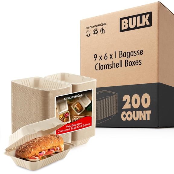 Clamshell Take Out Food Containers 9 x 6 Inch (200 Pack), 1 Compartment Compostable Boxes with Lids, Eco Friendly To Go Containers for Lunch or Dinner