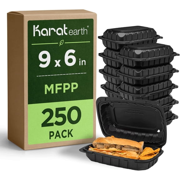 Clamshell Take Out Food Containers [9"x6" - 250 ct] To Go Containers | Microwavable, Freezer Safe, Soak-Resistant, Durable, Stackable | Vented for Hot/Cold Foods, Black