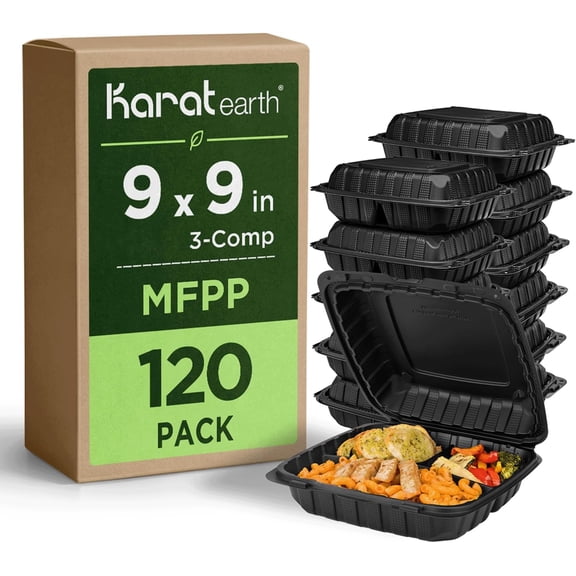 Clamshell Take Out Food Containers [9"x9" - 120 ct] To Go Containers | 3 Compartment, Soak-Resistant, Durable, Stackable | Vented for Hot/Cold Foods, Black