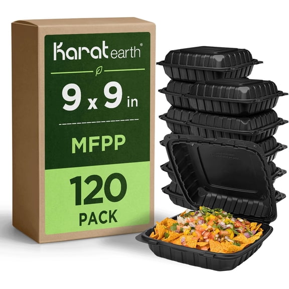 Clamshell Take Out Food Containers [9"x9" - 120 ct] To Go Containers | Microwavable, Freezer Safe, Soak-Resistant, Durable, Stackable | Vented for Hot/Cold Foods, Black