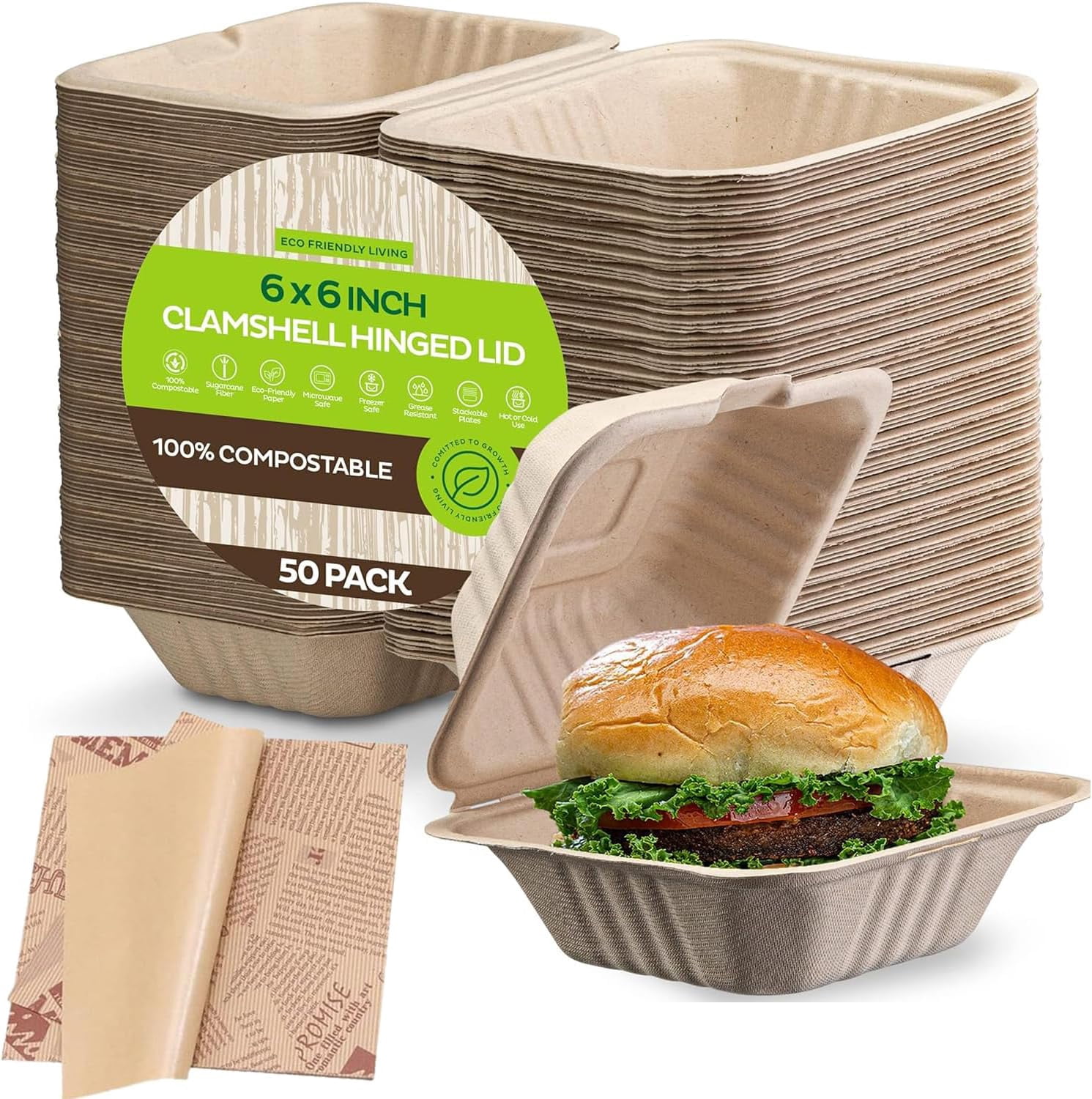 Clamshell Take Out Food Containers with Oil Paper, 6x6" 50-Pack Heavy ...