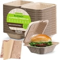 thumbnail image 1 of Clamshell Take Out Food Containers with Oil Paper, 6x6" 50-Pack Heavy-Duty Quality to go Containers, Natural Disposable Bagasse, Eco-Friendly Biodegradable Made of Sugar Cane Fibers, 1 of 8