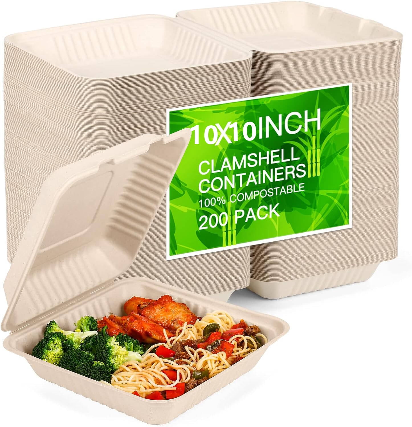 Clamshell Take Out Food Container 200 Pack, 10X10 Compostable Food