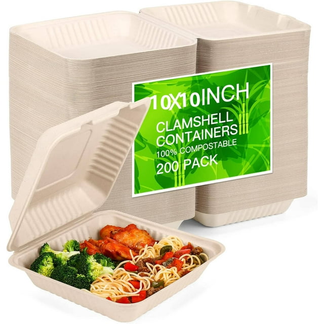 Clamshell Take Out Food Container 200 Pack, 10X10 Compostable Food ...