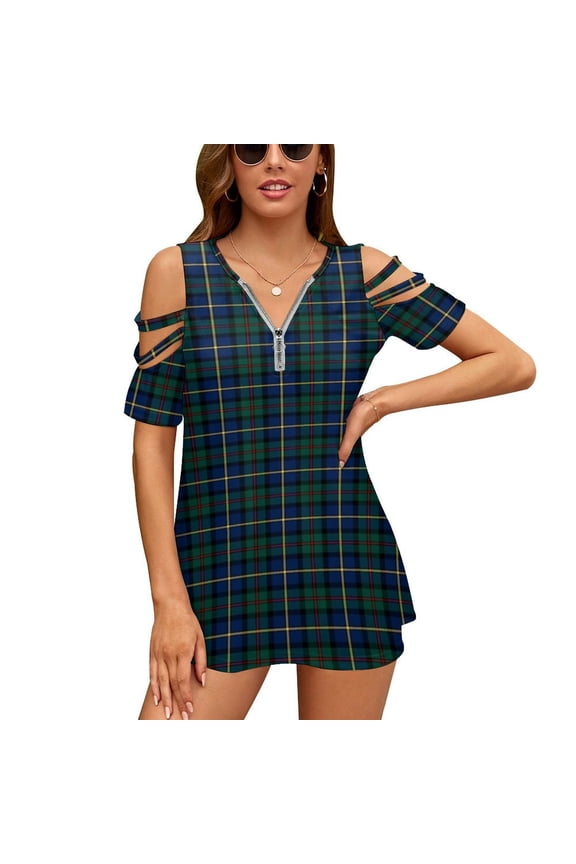 Clan MacLeod of Skye Tartan Graphic Womens Summer V Neck Zipper Top Short Sleeve T Shirt Off Shoulder Top Casual Classy Loose Shirts