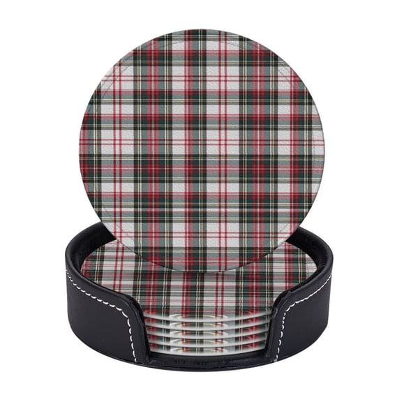 Clan Stewart Dress Tartan Plaid Pattern Tartan Coasters With Leather Holder Set Of 6 Round Coasters for Home and Kitchen Decor