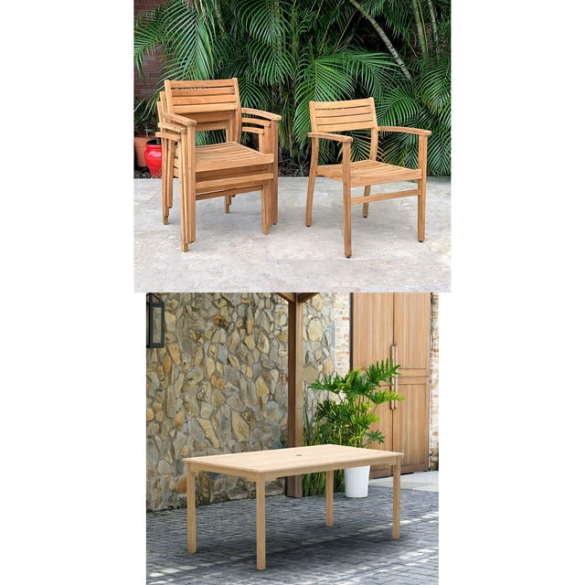 Clanfield Teak Wood 5-Piece Patio Dining Set with Stacking Armchairs