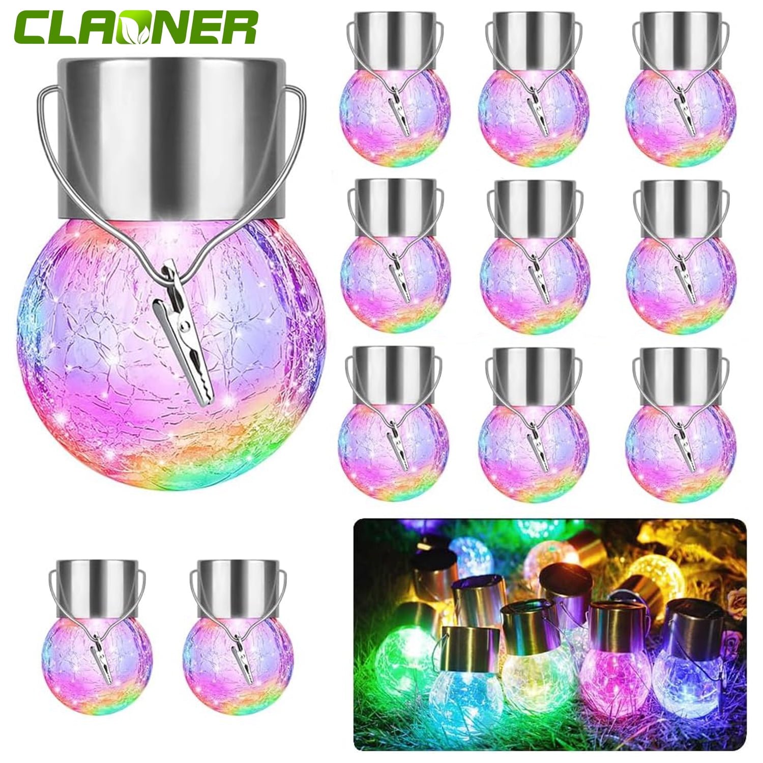 Multicolor Cracked Glass Solar Powered Hanging LED Lights, 12-Pack