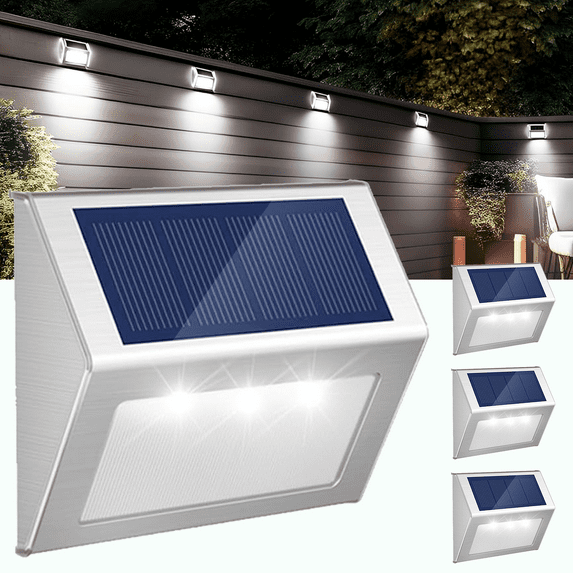 Claoner Outdoor Fence Lights, Solar Powered Deck Lights Waterproof Stairs Light Stainless Steel Security Wall Lamps for Step Walkway Patio Garden Pathway, Cold White, 4 Pack