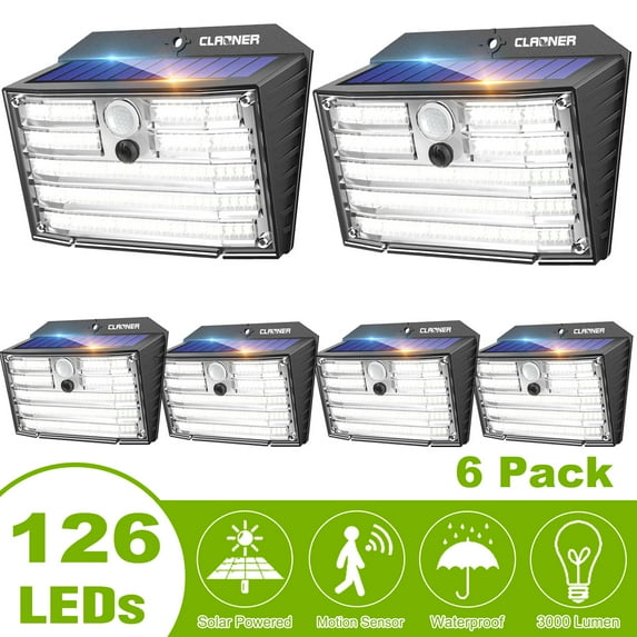 Claoner Solar Lights Outdoor, 6 Pack 126 LED Motion Sensor Wireless Security Light for Fence, Patio, Garden