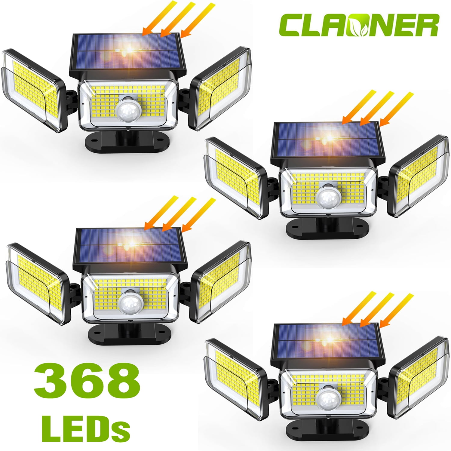 Claoner Solar Outdoor Lights, 3 Heads 368 LED Motion Sensor Security