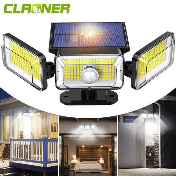 Claoner Solar Outdoor Lights, 3 Heads 368 LED Motion Sensor Security Wall Lights 3 Modes