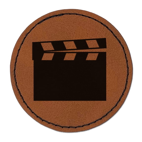 Clapperboard Movie Film Director Action 2.5" Faux Leather Round Engraved Iron-On Patch - Brown