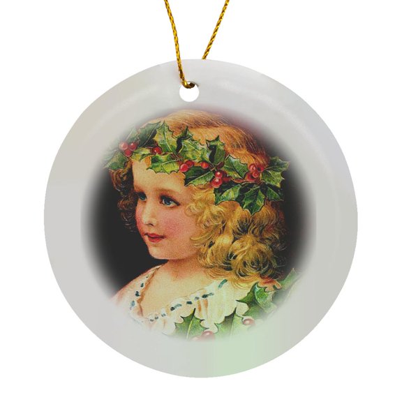 3drose, Clapsaddle – Girl Wearing Holly Wreath, Circle Porcelain Ornament
