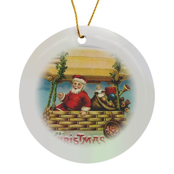 3drose, Clapsaddle – Santa Claus Riding on a Zeppelin, Circle Porcelain Ornament