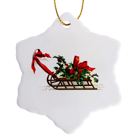 3drose, Clapsaddle – Sled with Holly, 3 inch Snowflake Porcelain Ornament