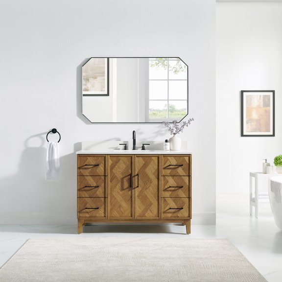 Clara 48" Wood Vanity in Weathered Brown with Calacatta Quartz Top No Mirror