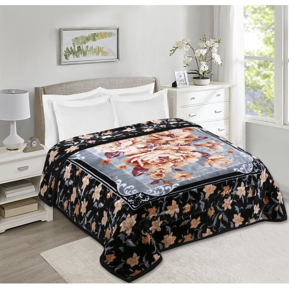 Virtu 12 Lbs Plush Fleece Blanket, 2 Ply Thick Heavy Reversible Raschel Korean Style Warm Bed Blanket, King, Black/Grey