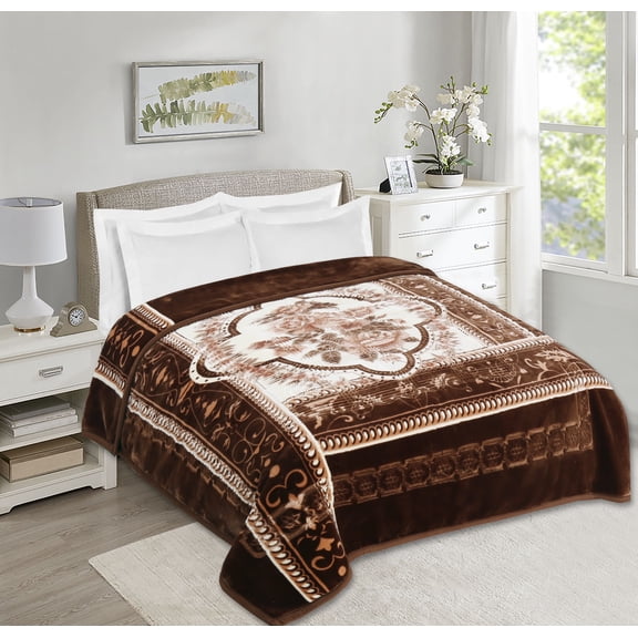 Virtu 12 Lbs Plush Fleece Blanket, 2 Ply Thick Heavy Reversible Raschel Korean Style Warm Bed Blanket, King, Brown