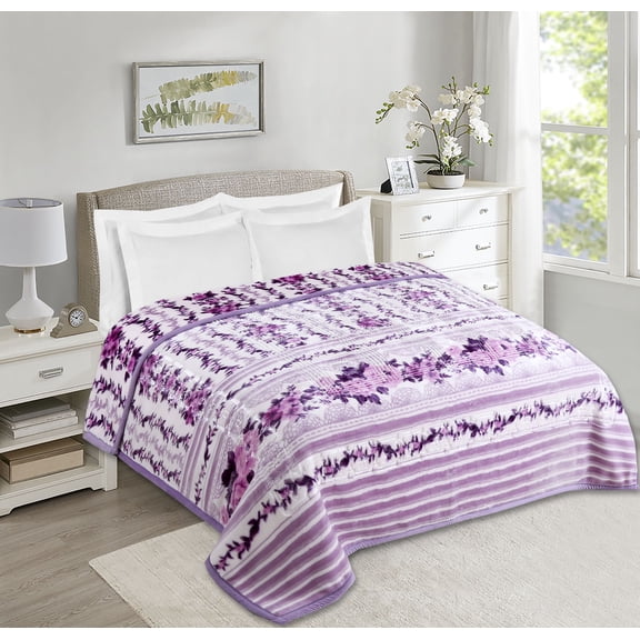 Virtu 12 Lbs Plush Fleece Blanket, 2 Ply Thick Heavy Reversible Raschel Korean Style Warm Bed Blanket, King, Lavender Floral