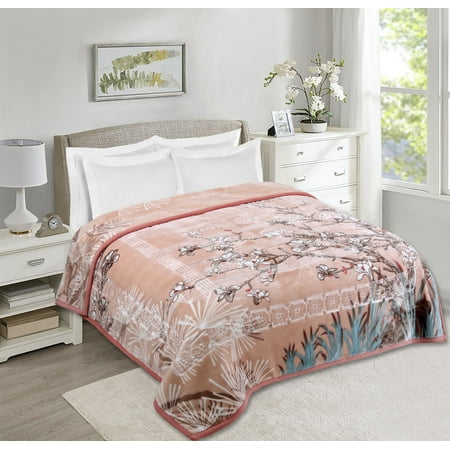 Virtu 12 Lbs Plush Fleece Blanket, 2 Ply Thick Heavy Reversible Raschel Korean Style Warm Bed Blanket, King, Peach Floral