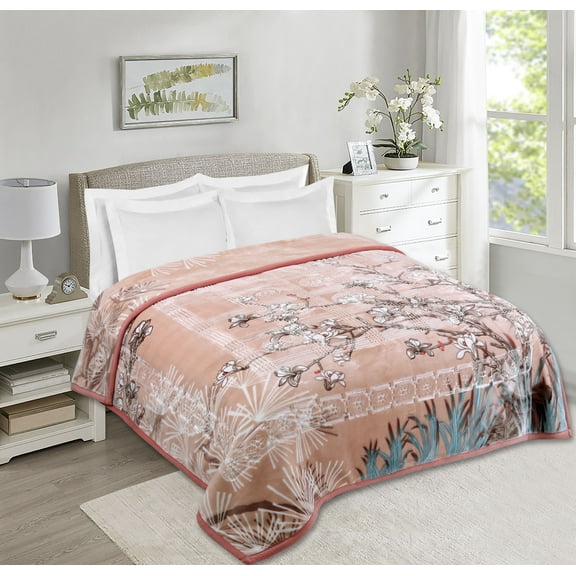 Virtu 12 Lbs Plush Fleece Blanket, 2 Ply Thick Heavy Reversible Raschel Korean Style Warm Bed Blanket, King, Peach Floral