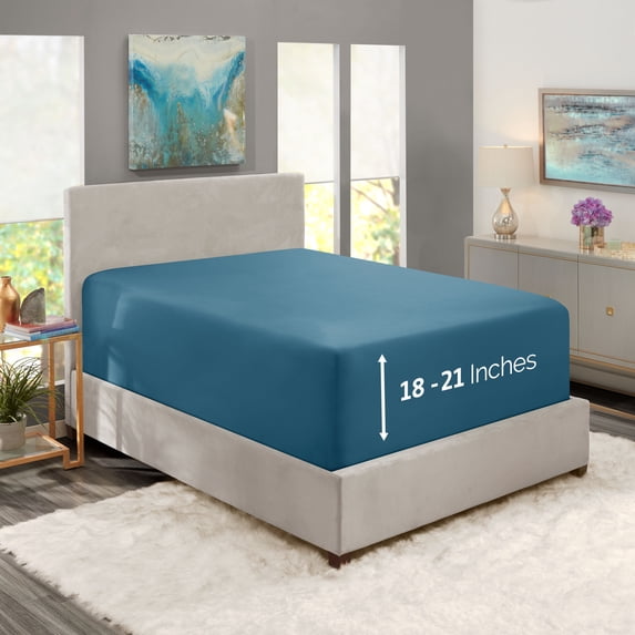 Clara Clark 18" - 21" Extra Deep Pocket Fitted Sheet, Fits High Profile Mattresses with Toppers, Premium 1800 Collection Double Brushed Soft Microfiber, Queen Size, Blue Heaven