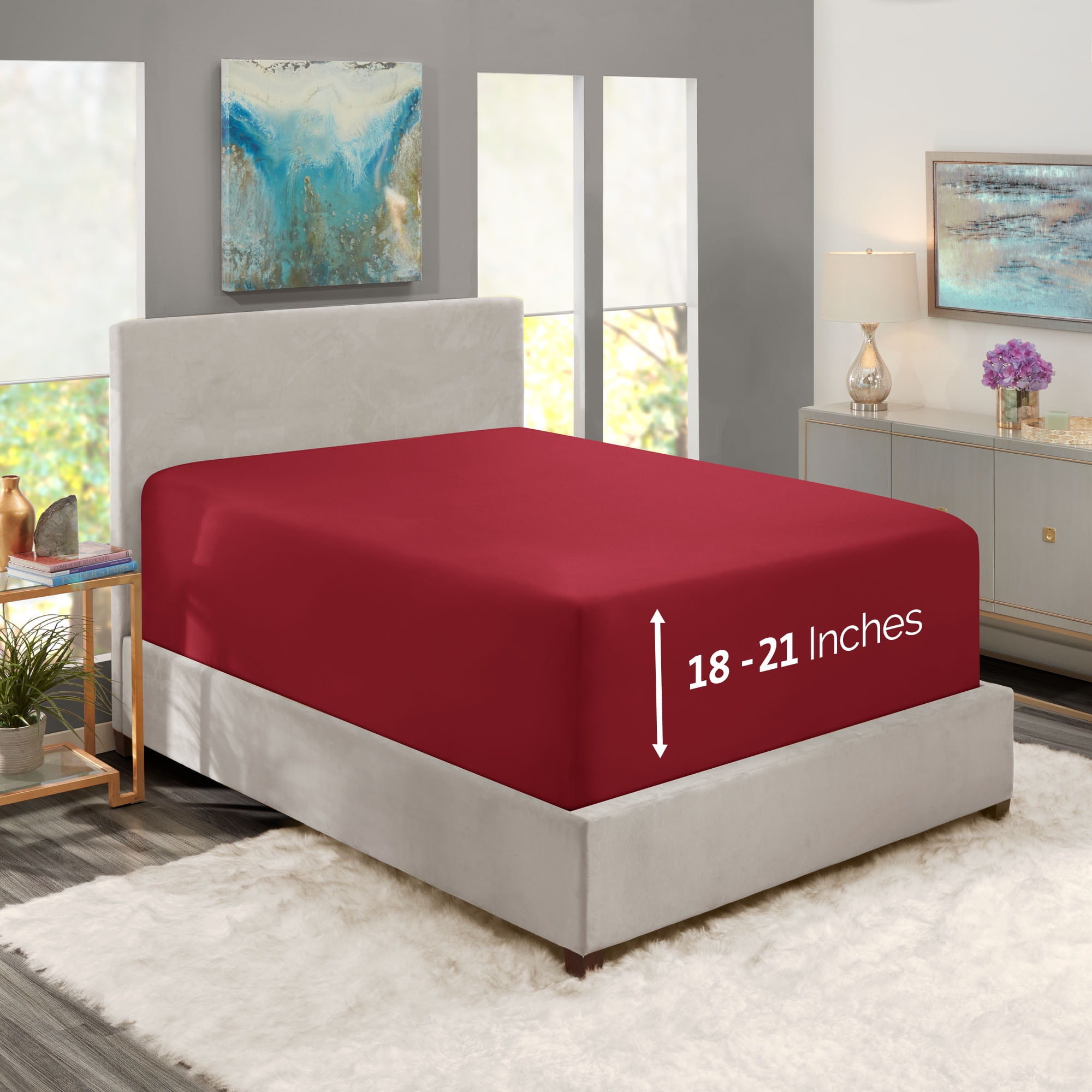 Clara Clark 18" - 21" Extra Deep Pocket Fitted Sheet, Fits High Profile Mattresses with Toppers, Premium 1800 Collection Double Brushed Soft Microfiber, Queen Size, Burgundy Red