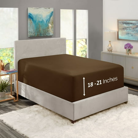Clara Clark 18" - 21" Extra Deep Pocket Fitted Sheet, Fits High Profile Mattresses with Toppers, Premium 1800 Collection Double Brushed Soft Microfiber, Queen Size, Chocolate Brown